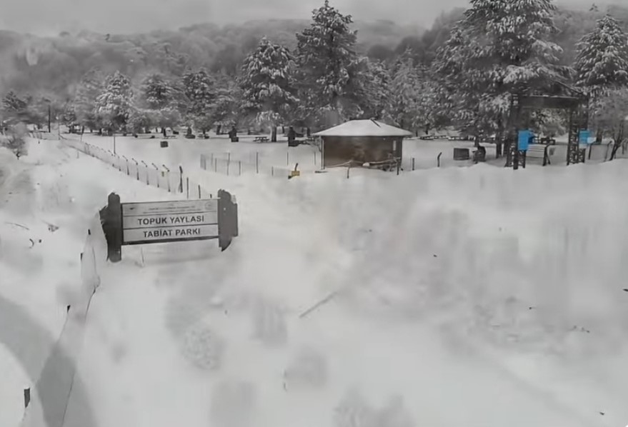 Domani&ccedil; Topuk Yaylası Tabiat Parkı&rsquo;nın karla kaplı g&uuml;zelliği havadan dronla g&ouml;r&uuml;nt&uuml;lendi
