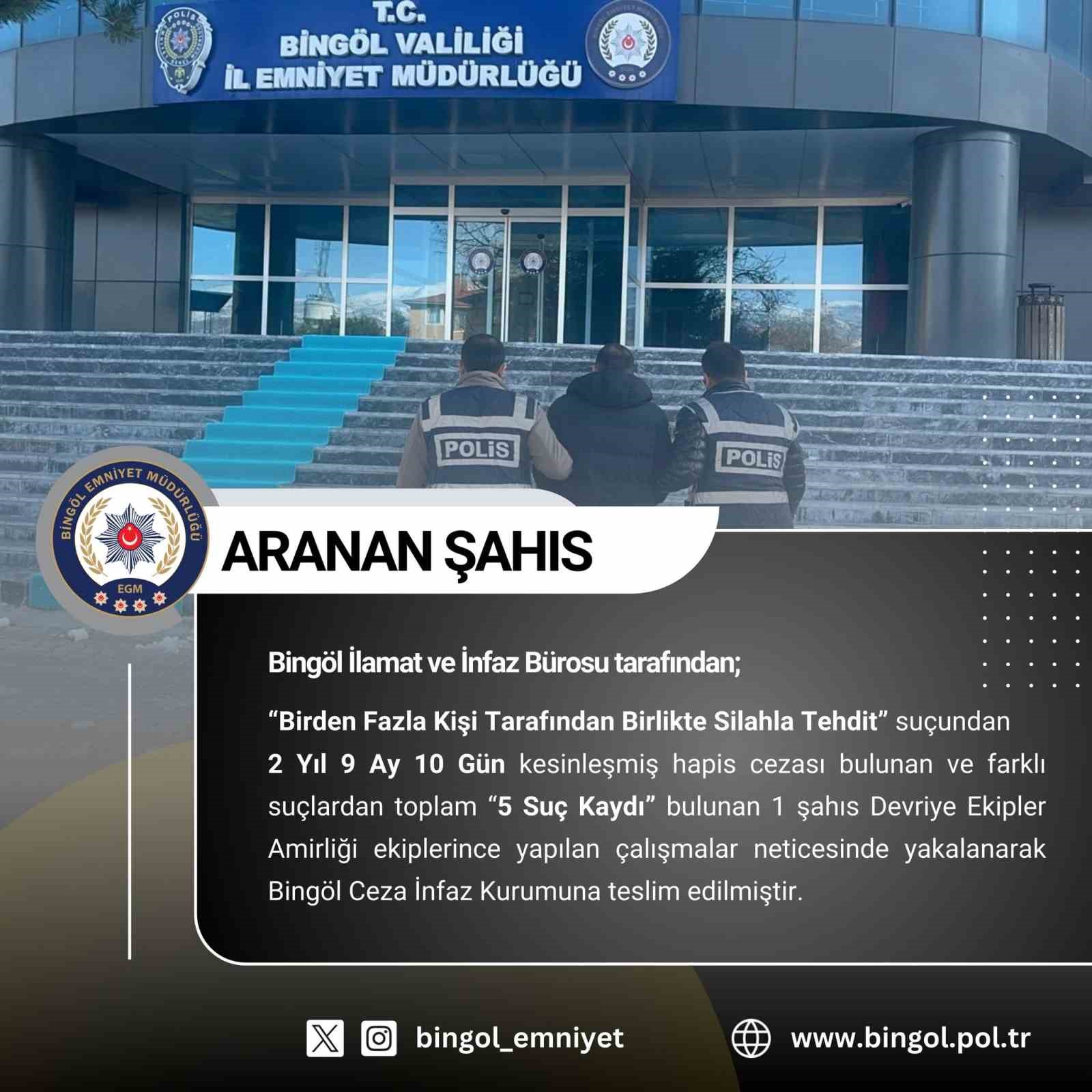 Bing&ouml;l&rsquo;de kesinleşmiş hapis cezası bulunan 2 ş&uuml;pheli tutuklandı
