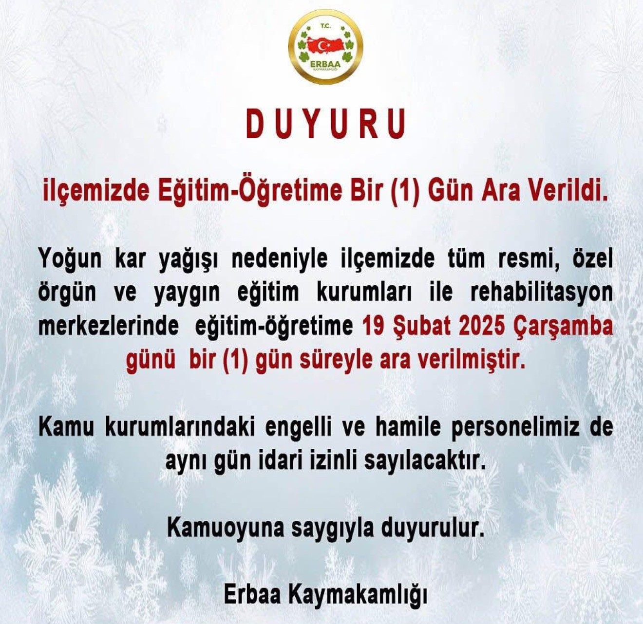 Tokat’ta bir ilçede eğitime ara verildi