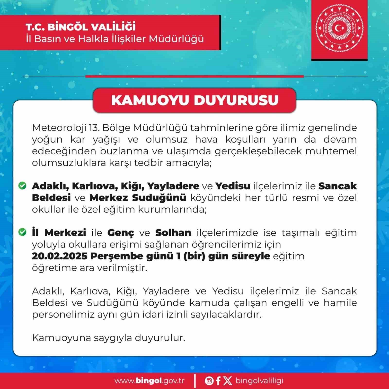 Bingöl’ün 5 ilçesinde okullara kar tatili