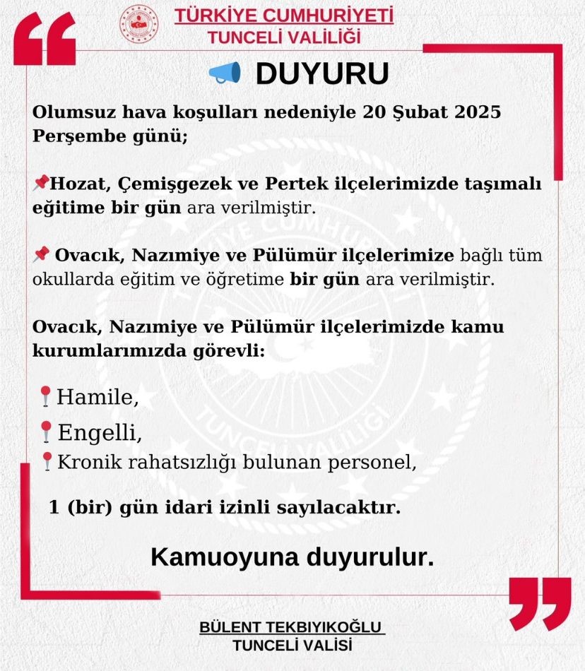 Tunceli&rsquo;de 3 il&ccedil;ede eğitime ara verildi
