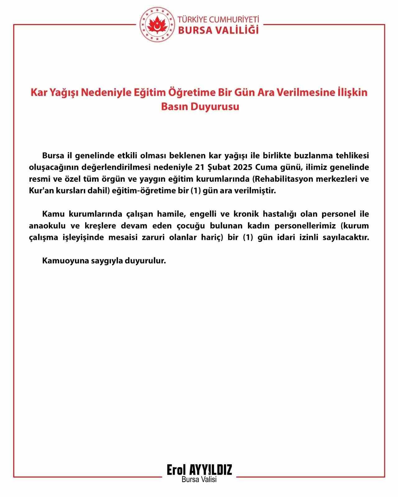 Bursa&rsquo;da eğitime kar tatili
