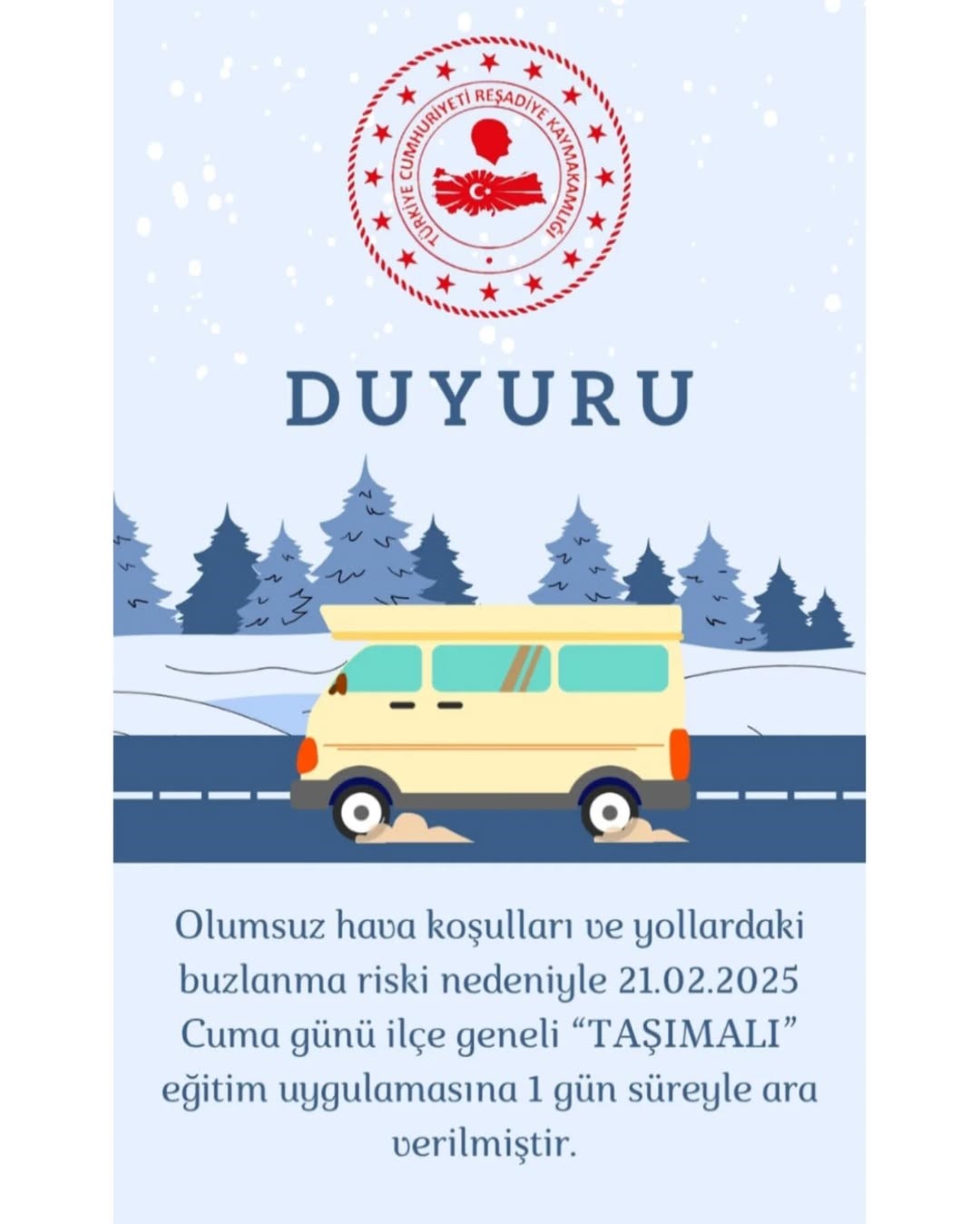 Reşadiye’de taşımalı eğitime hava engeli