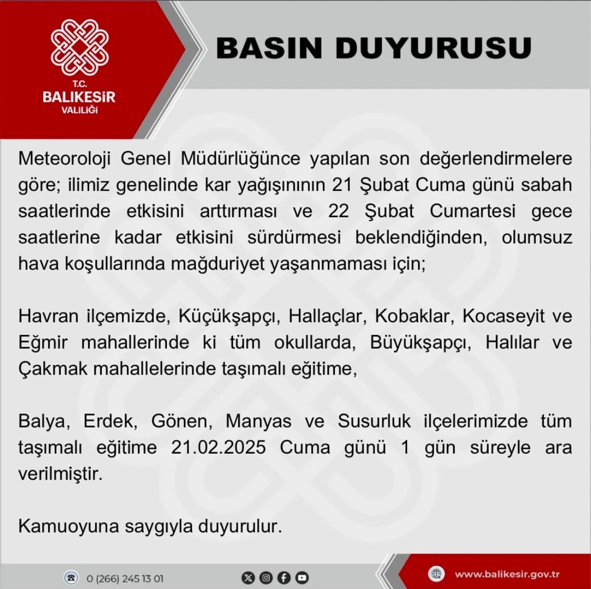 Balıkesir’de eğitime kar engeli