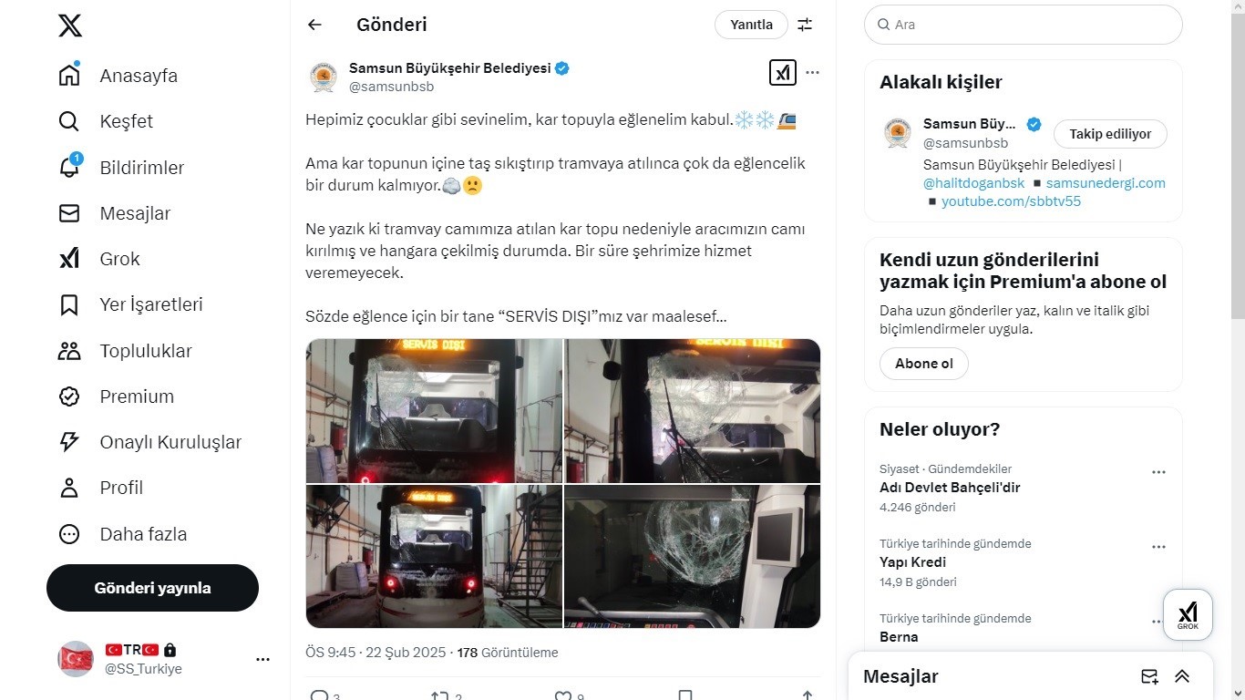 İçine taş sıkıştırılarak atılan kartopu, tramvayın camını kırdı