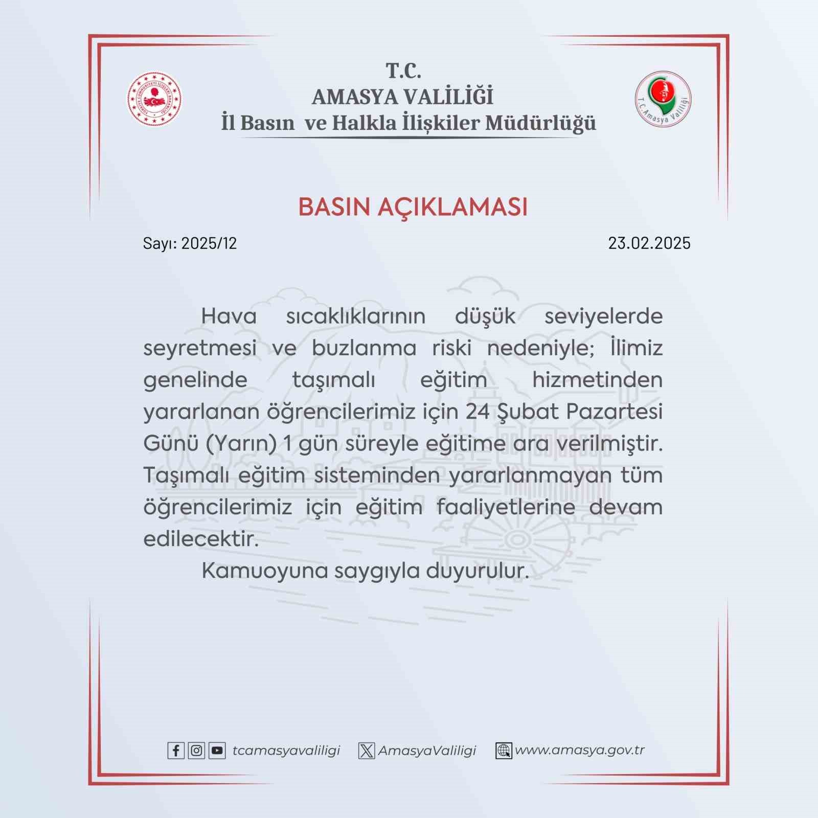 Amasya&rsquo;da taşımalı eğitime 1 g&uuml;n ara verildi
