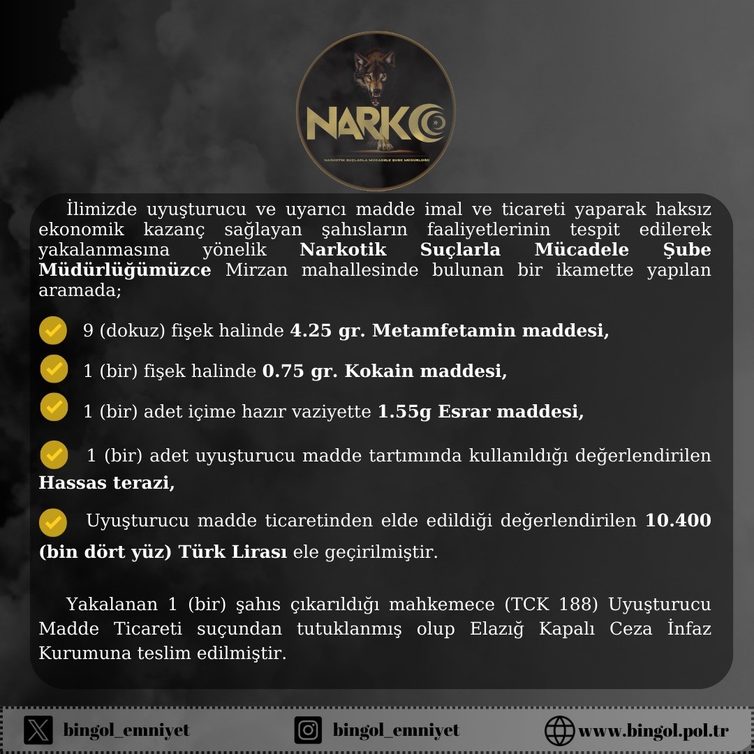 Bingöl’de uyuşturucu operasyonu: 1 tutuklama