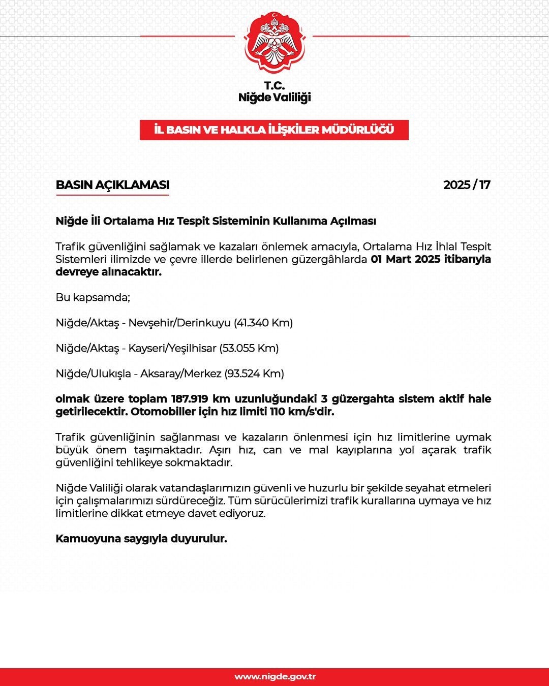 Niğde’de Ortalama Hız Tespit Sistemi devreye girdi