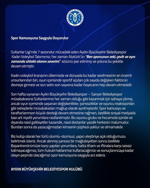 Aydın B&uuml;y&uuml;kşehir Belediyespor, mağlubiyet sonrası yapılan eleştirilere tepki g&ouml;sterdi
