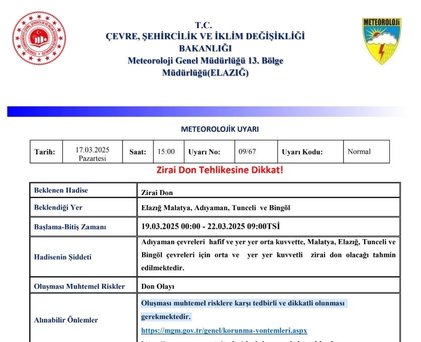 Meteorolojiden 5 il için zirai don uyarısı