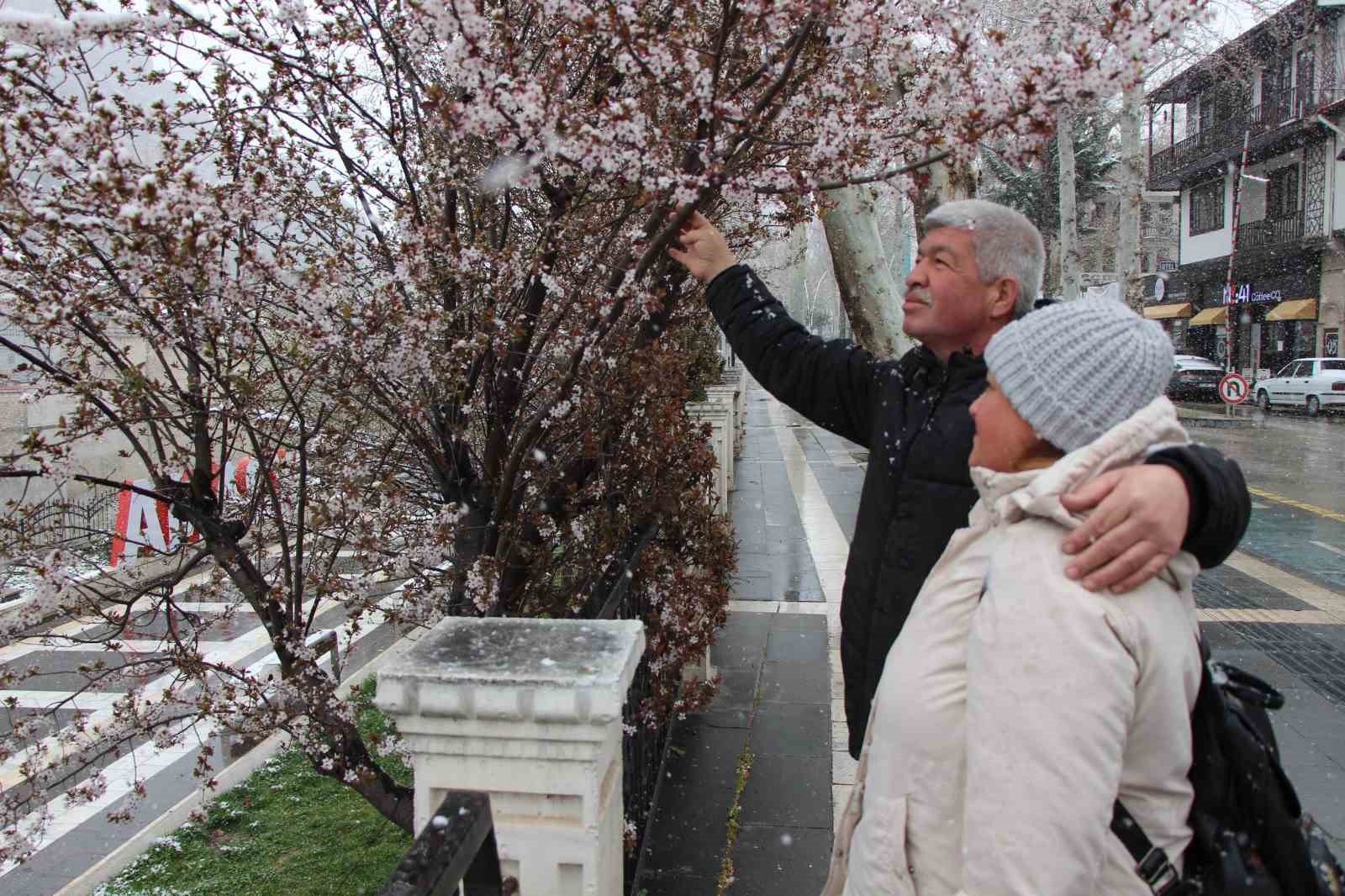 Amasya&rsquo;ya mart ayında kar yağdı, &ccedil;i&ccedil;ekler kar beyazıyla kaplandı
