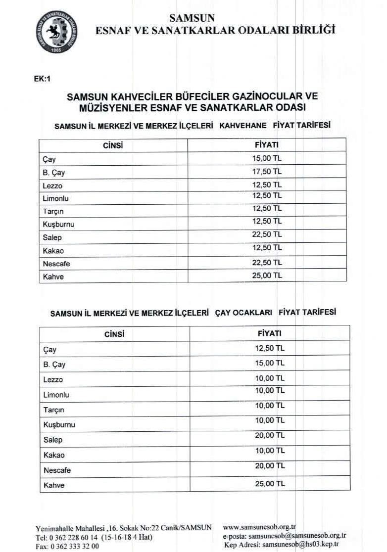 Samsun’da çay fiyat tarifesi güncellendi
