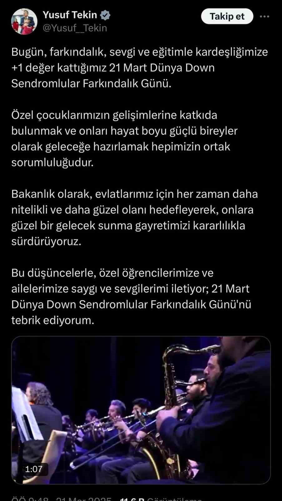 Bakan Tekin paylaştı: Samsun Maarif Orkestrası&rsquo;ndan Down Sendromu Farkındalık G&uuml;n&uuml; i&ccedil;in &ouml;zel performans
