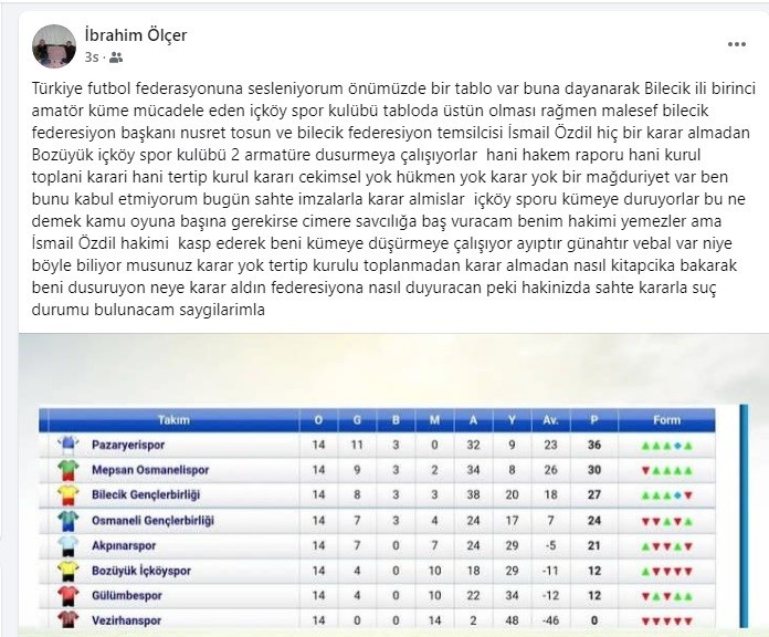 Küme düşen İçköyspor Başkanı İbrahim Ölçer’den sahte imzalarla alınan karar iddiası