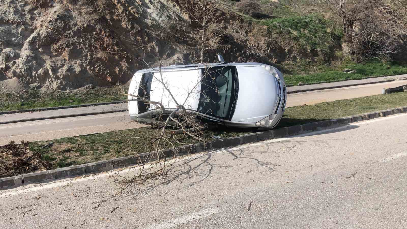 Ağacın sayesinde takla atmaktan kurtulan otomobil yan yattı: 1 yaralı
