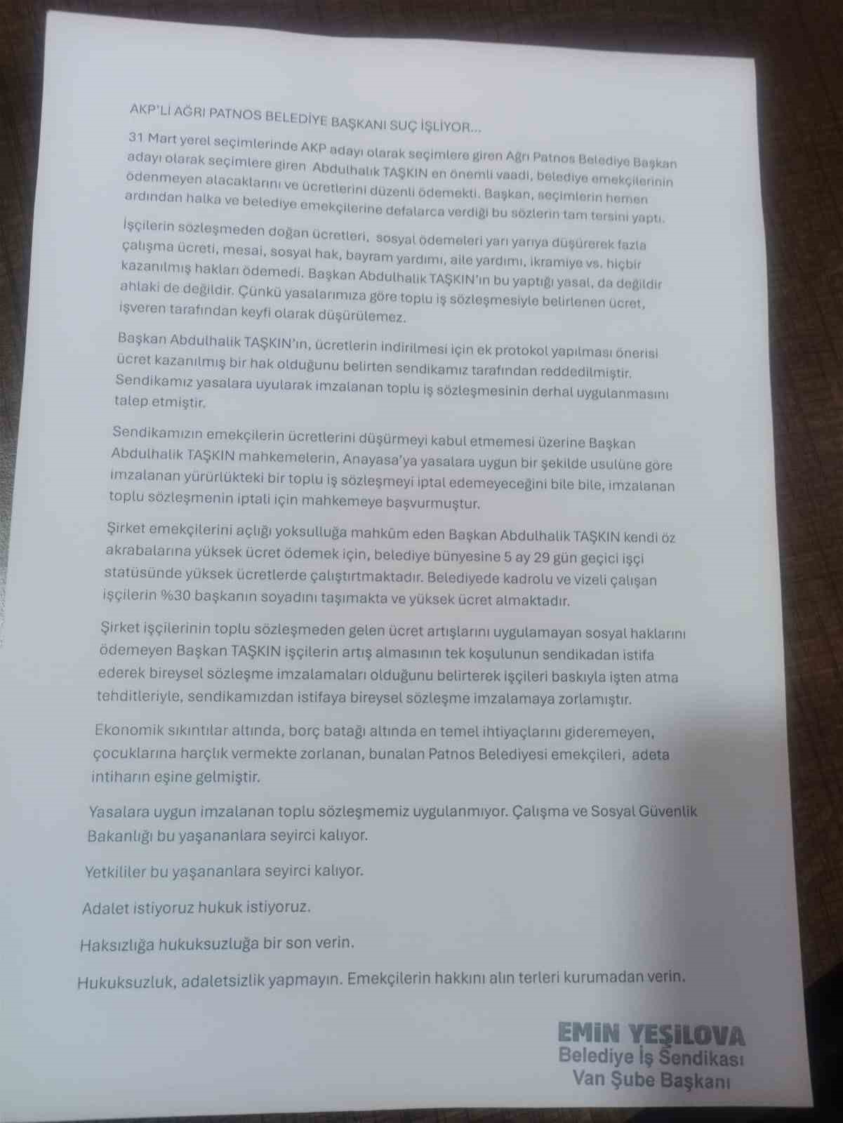 Patnos Belediye&rsquo;si iş&ccedil;ileri &ouml;denmeyen maaşlara karşı ses y&uuml;kseltti
