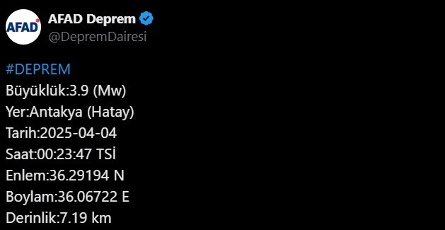 Hatay’da 3.9 büyüklüğünde deprem