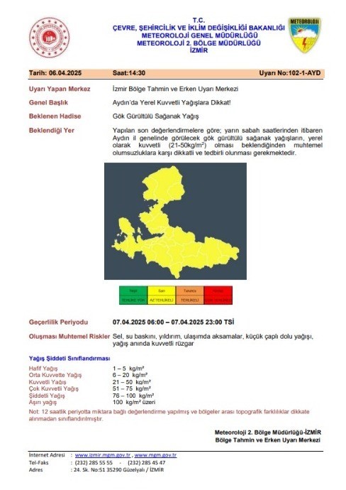 Aydın i&ccedil;in &lsquo;sarı kod&rsquo; verildi
