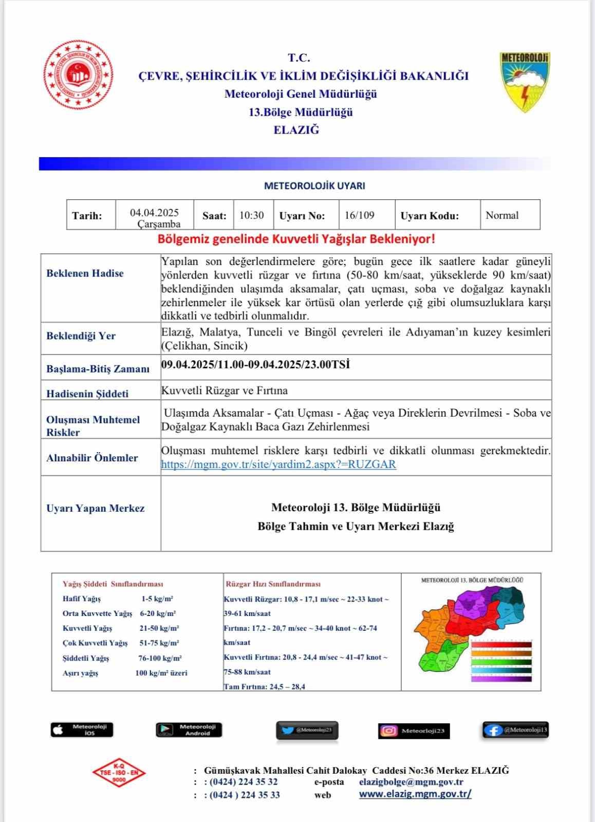 Meteorolojiden Elazığ için kuvvetli rüzgar ve toz taşınımı uyarısı