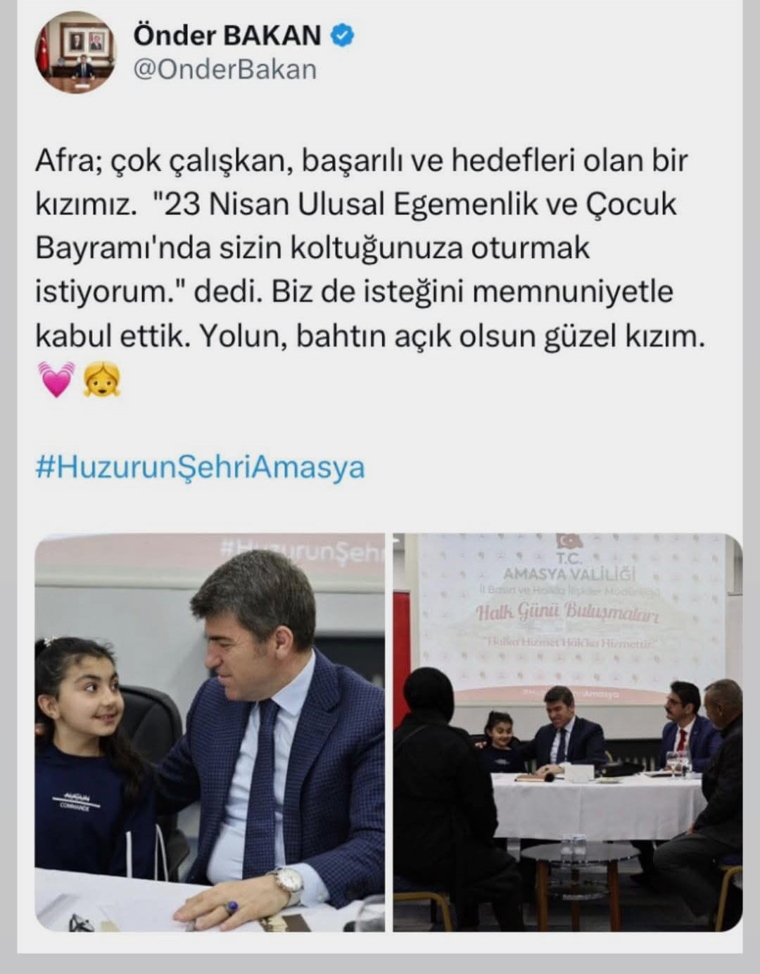 Amasya&rsquo;da halk g&uuml;n&uuml;nde valiyi şaşırtan istek: "23 Nisan&rsquo;da koltuğunuza oturmak istiyorum"
