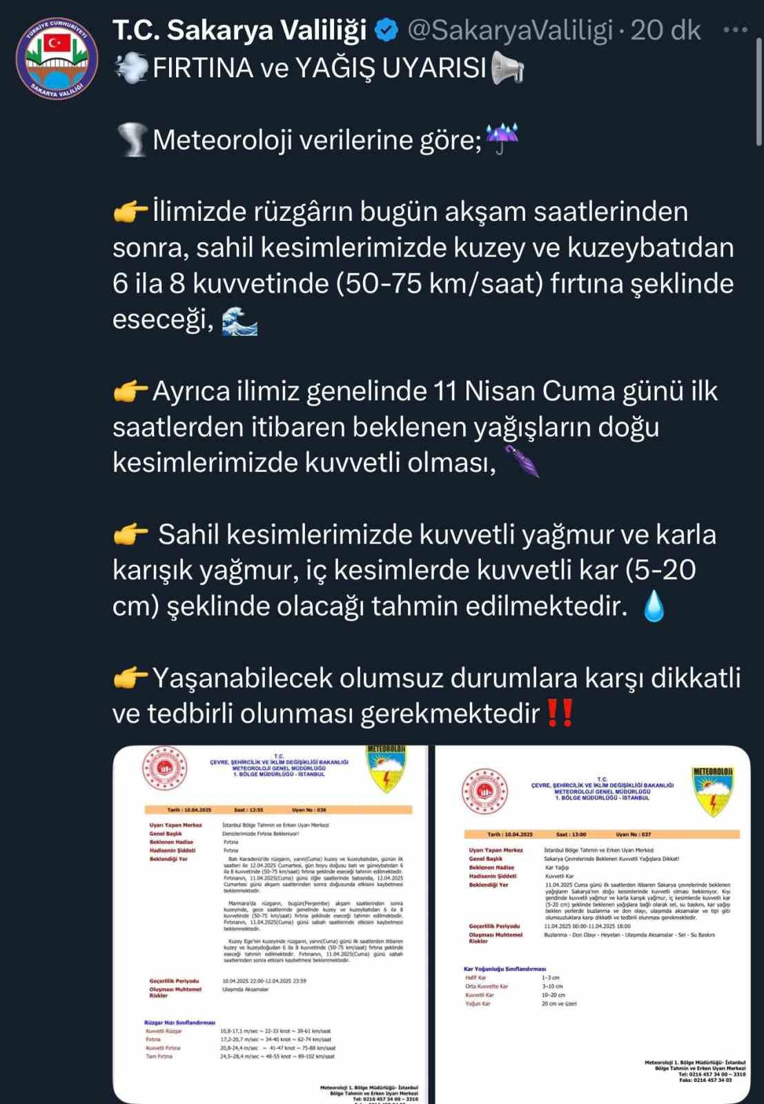 Sakarya’da fırtına ve yağış uyarısı