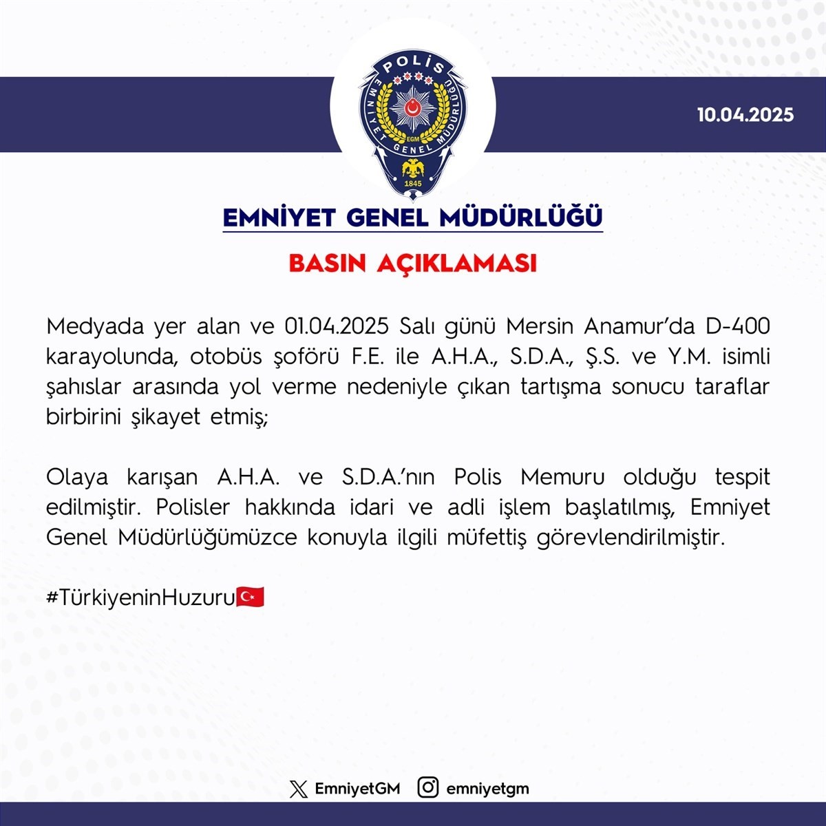 EGM, Mersin’de yol verme tartışmasına karışan polisler hakkında işlem başlatıldığını açıkladı