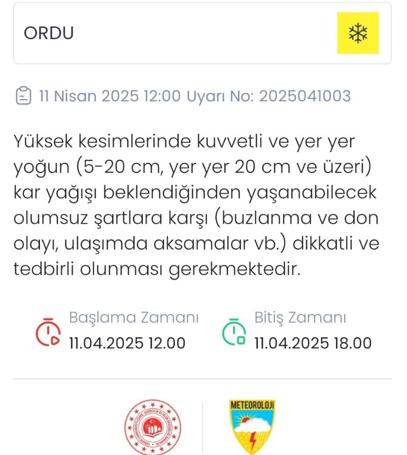 Meteorolojiden Ordu i&ccedil;in &rsquo;sarı kodlu&rsquo; uyarı
