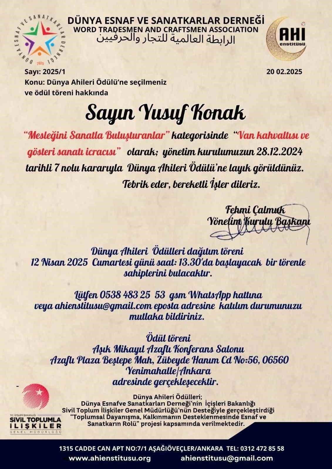 Yusuf Konak&rsquo;a uluslararası &ouml;d&uuml;l
