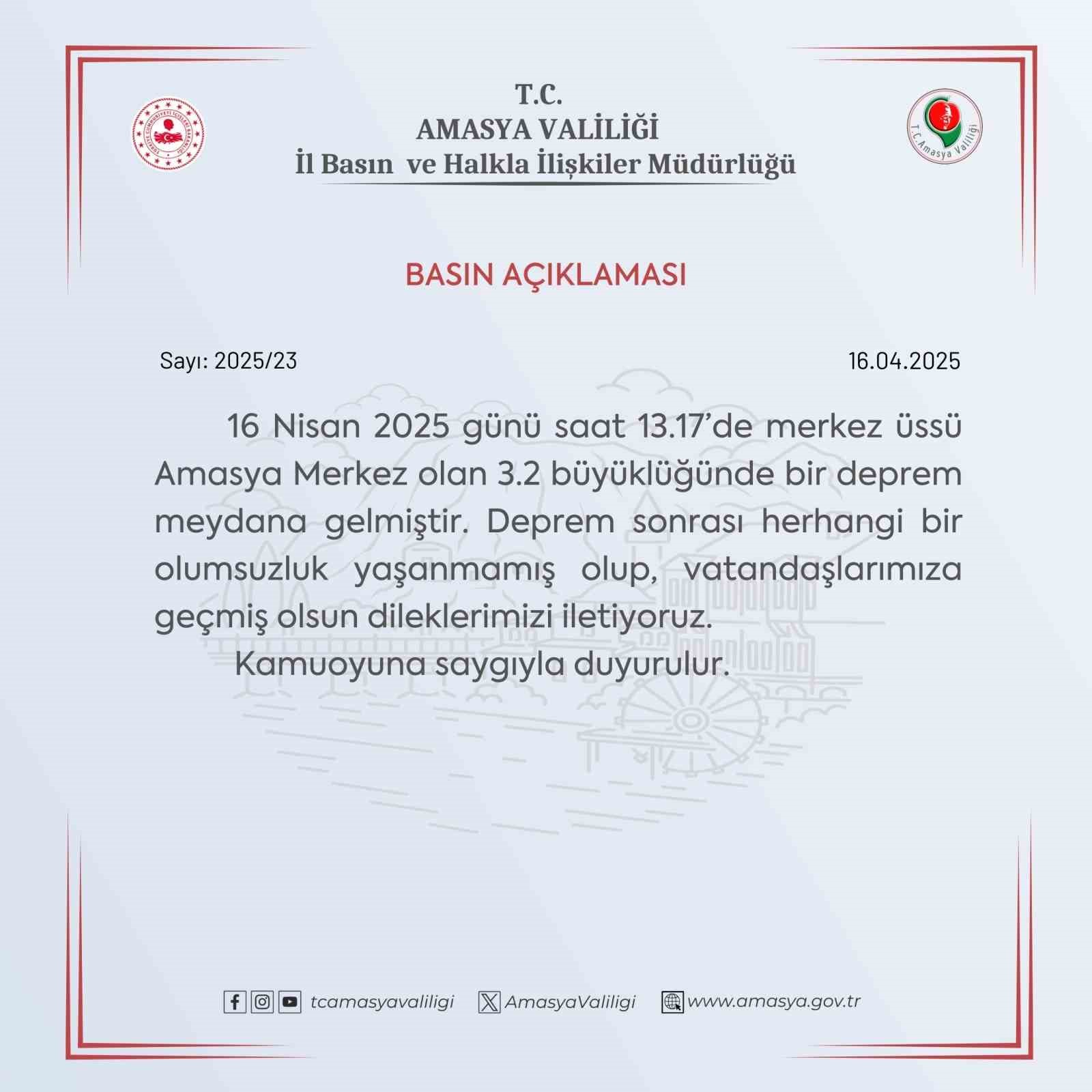 Amasya Valiliği’nden 3.2 depremle ilgili açıklama: "Bir olumsuzluk yok"