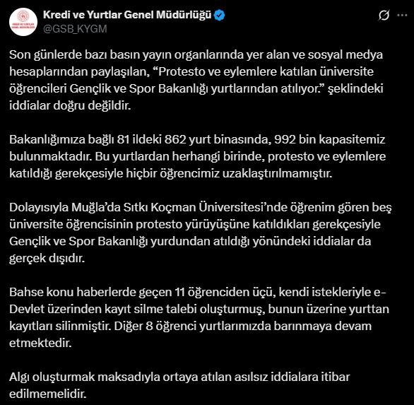 Eylemlere katılan gençlerin yurttan atıldığı iddiasına KYK’dan yalanlama