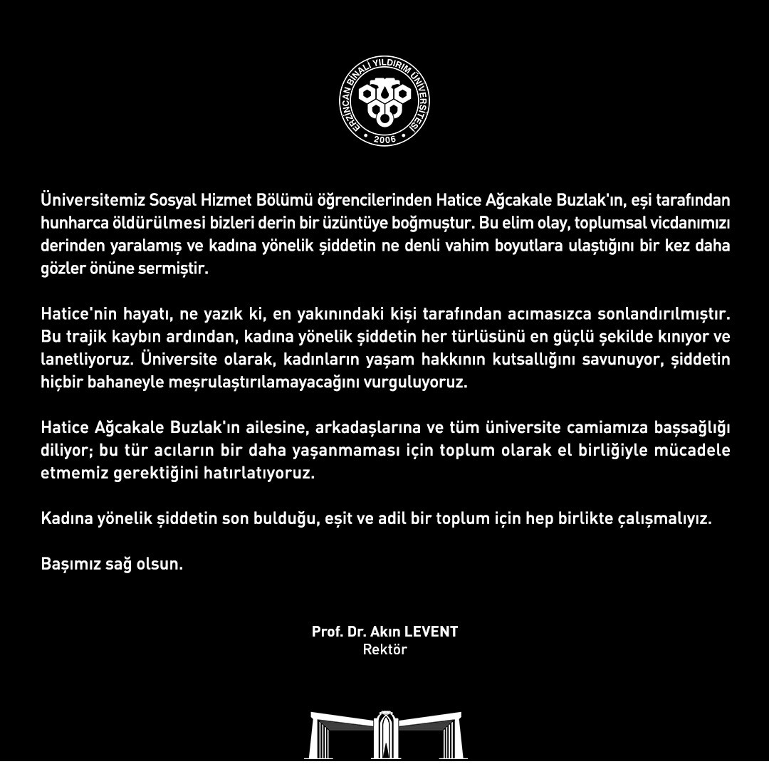 EBY&Uuml;&rsquo;den gen&ccedil; &ouml;ğrencisi Buzlak&rsquo;ın eşi tarafından boğularak &ouml;ld&uuml;r&uuml;lmesi hakkında kınama mesajı
