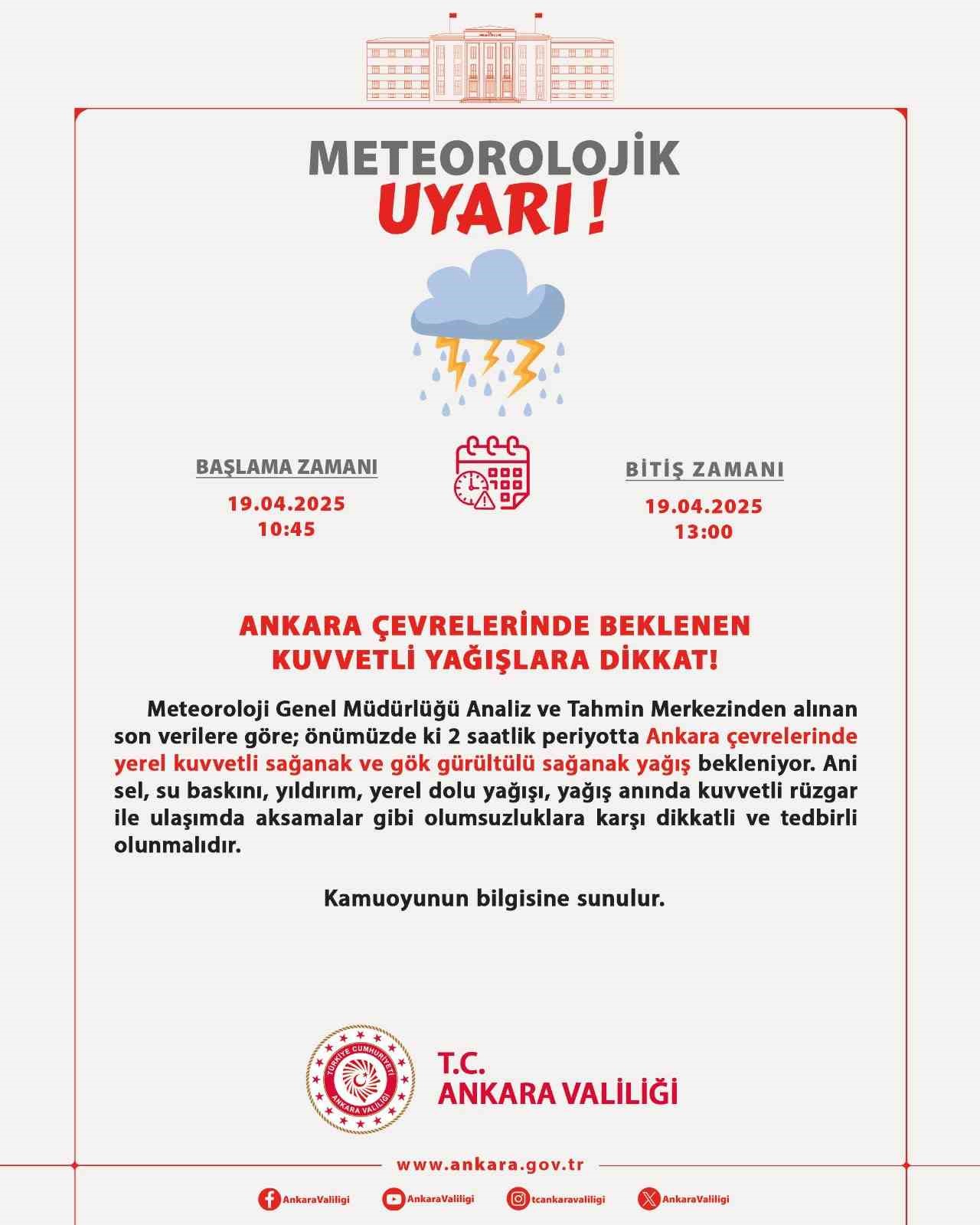 Ankara Valiliği uyardı: "Kuvvetli yağışlara dikkat"