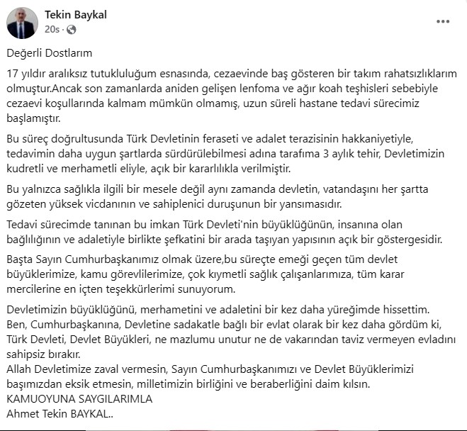 Ahmet Tekin Baykal, 17 yılın ardından sağlık gerek&ccedil;esiyle tahliye edildi
