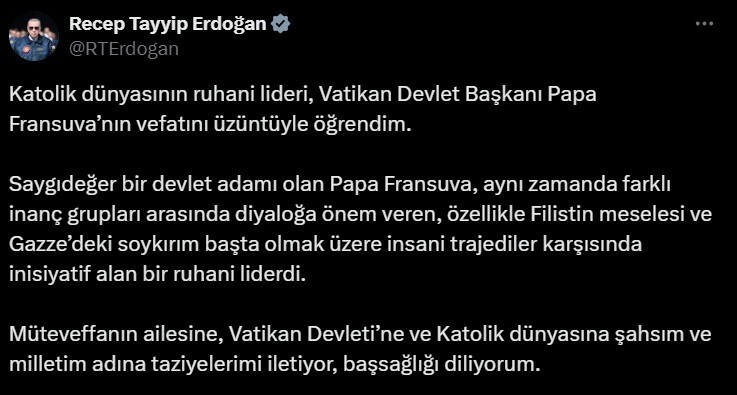 Cumhurbaşkanı Erdoğan’dan Papa için taziye mesajı