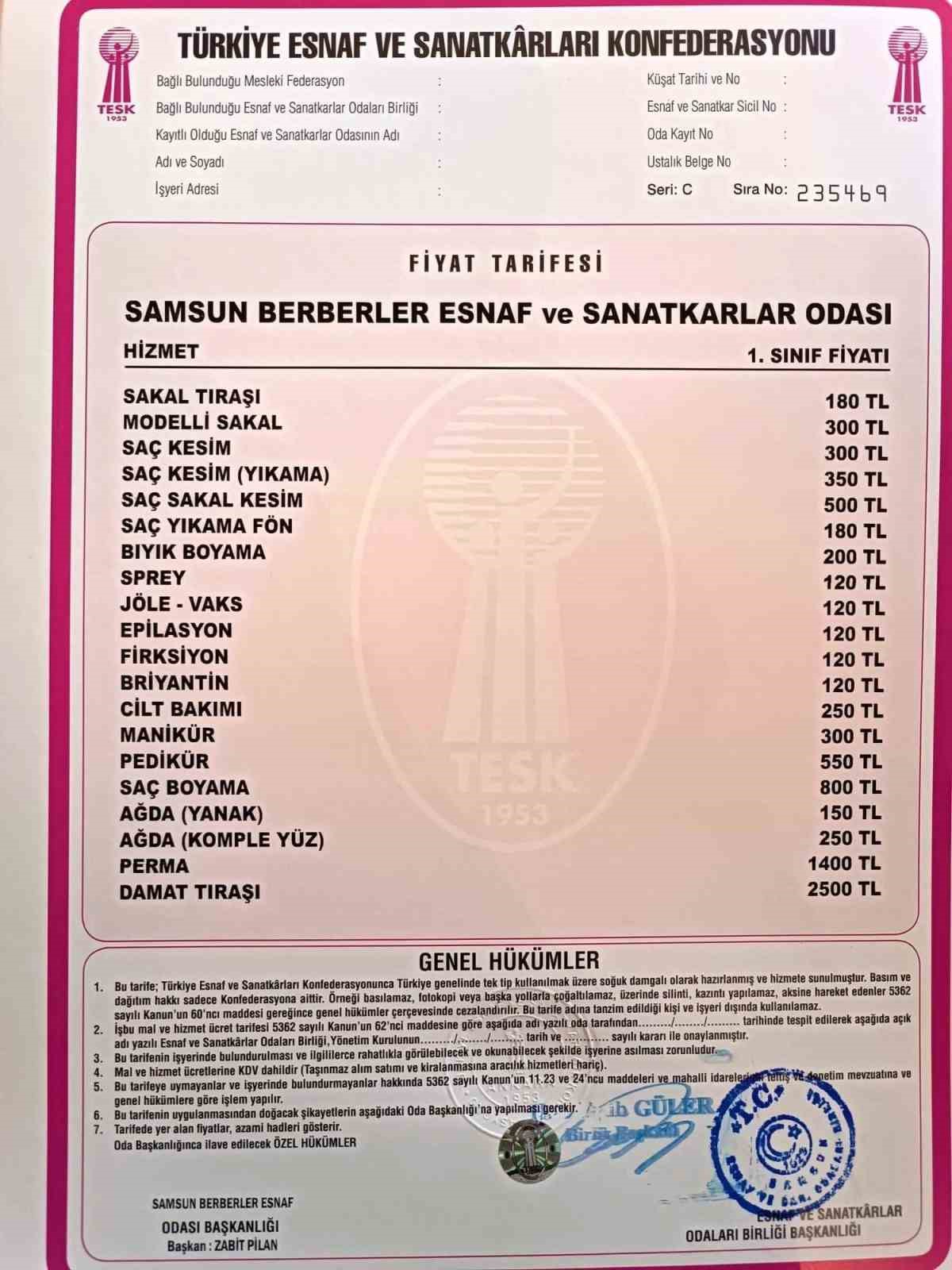 Samsun&rsquo;da berberlere yeni fiyat tarifesi
