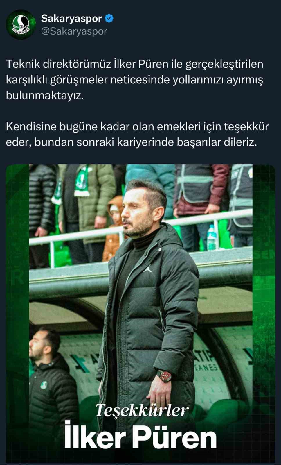 Sakaryaspor’da Teknik Direktör İlker Püren ile yollar ayrıldı