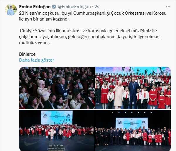 Emine Erdoğan’dan Cumhurbaşkanlığı Çocuk Orkestrası ve Korosu paylaşımı