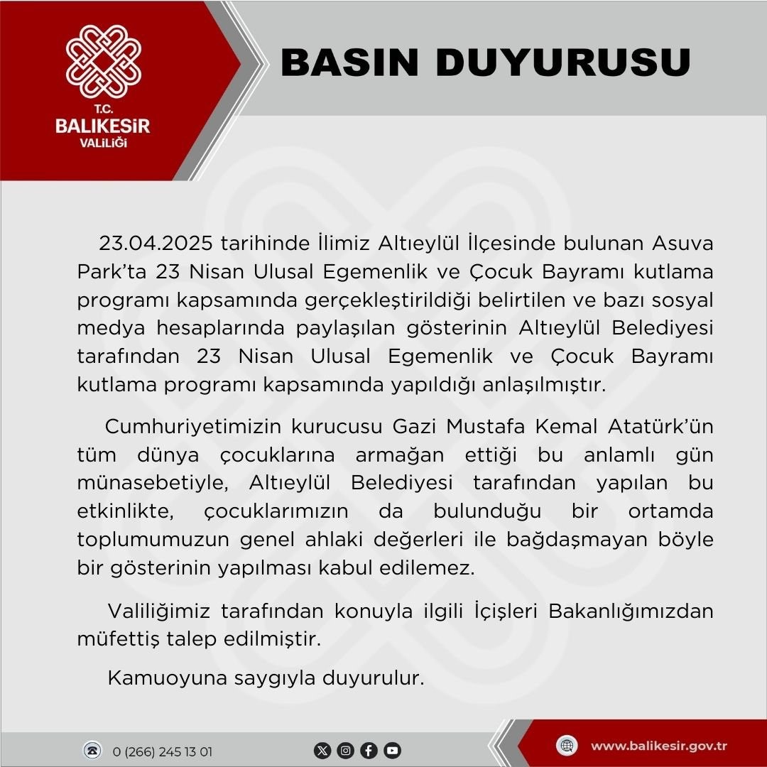 İçişleri Bakanlığı, Balıkesir’de 23 Nisan gösterisindeki görüntülerle ilgili mülkiye müfettişi görevlendirdi