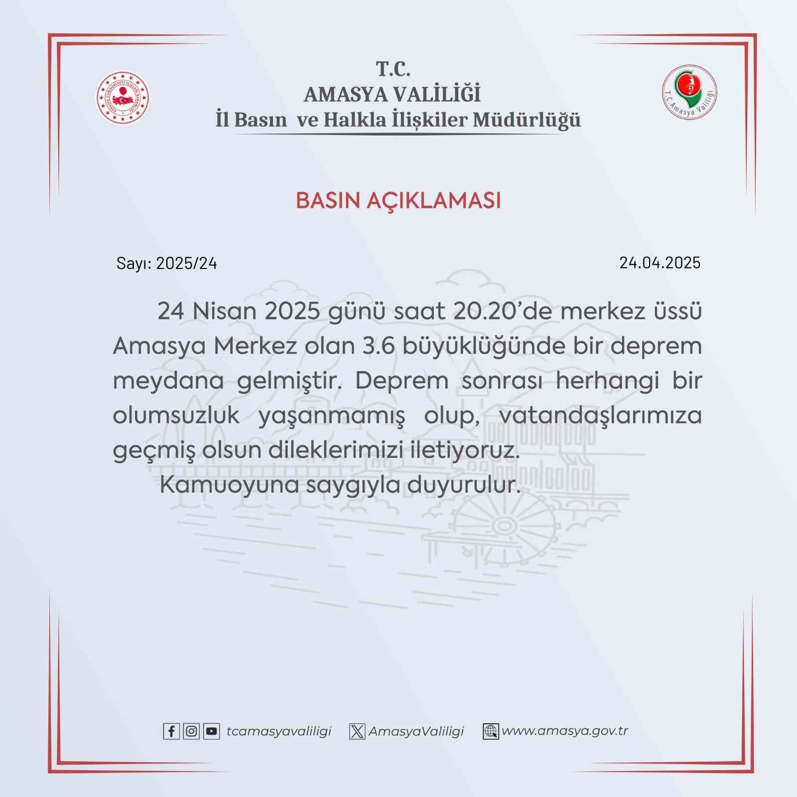 Amasya Valiliğinden deprem sonrası açıklama: "Depremde bir olumsuzluk yaşanmamıştır"