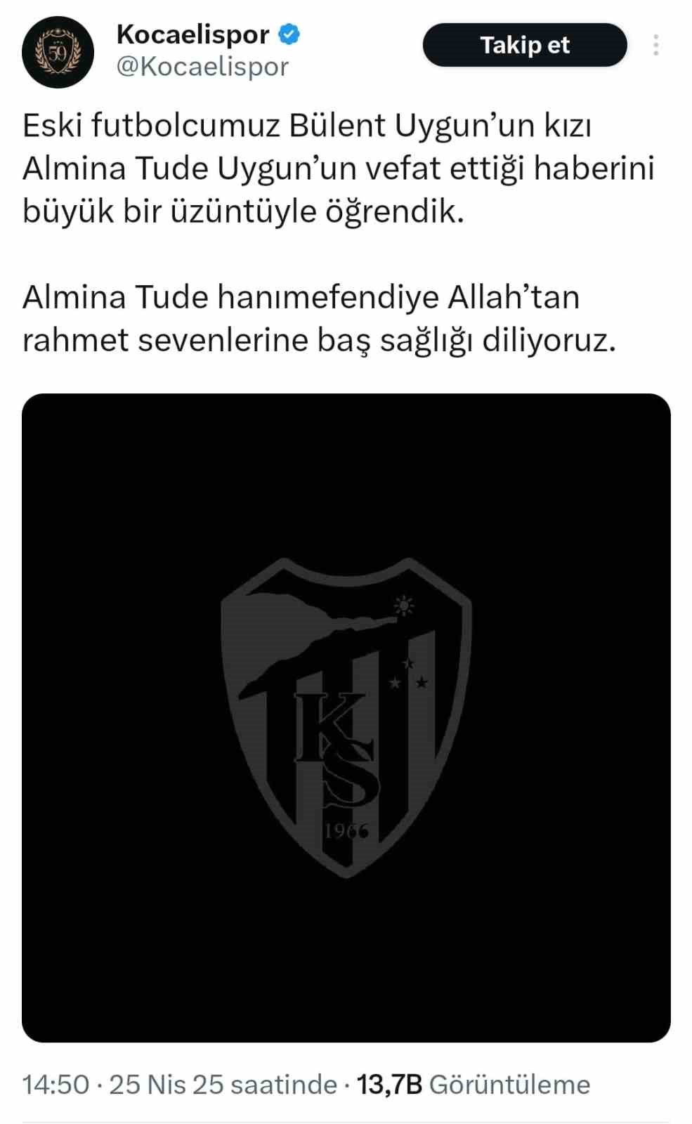 Kocaelispor Kulübü ve Tahir Büyükakın’dan Bülent Uygun’a başsağlığı mesajı
