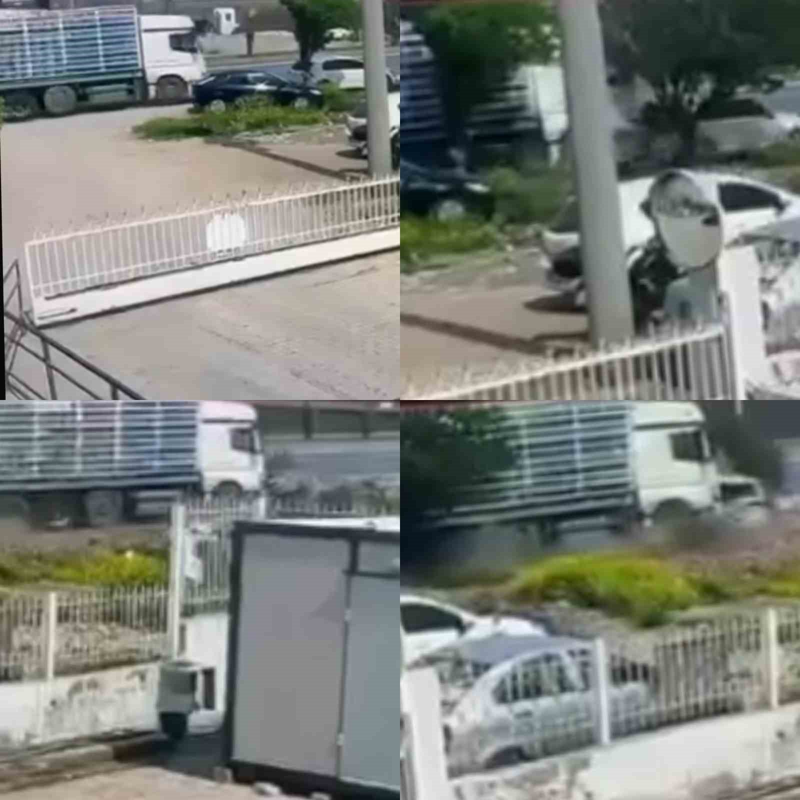 Tüp yüklü tır otomobili sürükleyip devrildi: O anlar kamerada