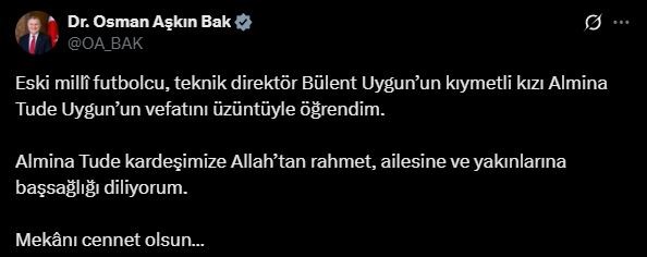 Bakan Bak’tan, Bülent Uygun’un kızı için taziye mesajı