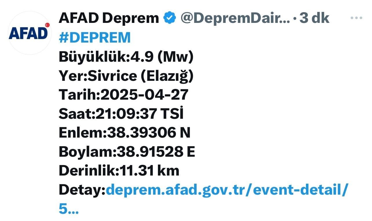 Elazığ’da 4,9 büyüklüğünde deprem