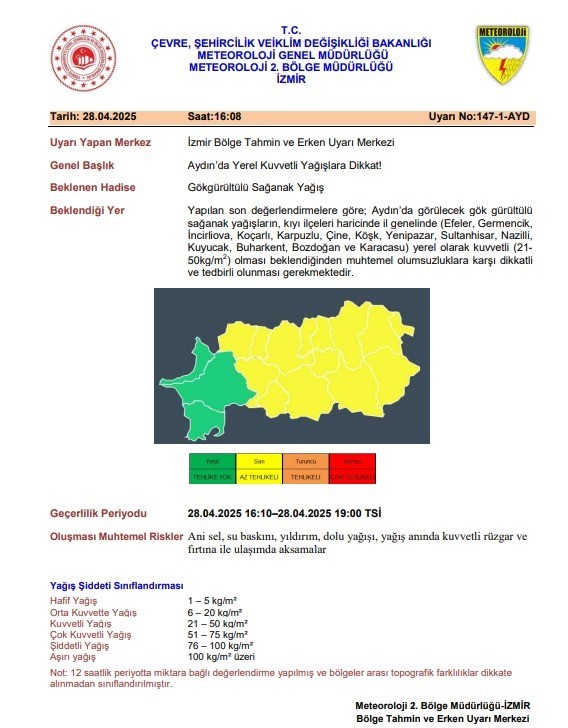 Aydın&rsquo;a g&ouml;k g&uuml;r&uuml;lt&uuml;l&uuml; sağanak yağış uyarısı
