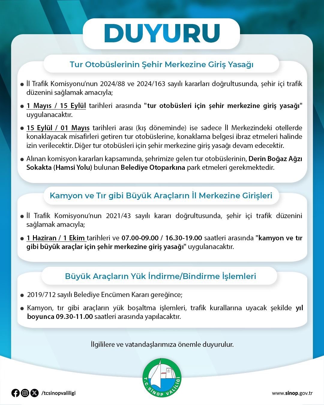 Sinop’ta tur otobüslerinin şehir merkezine girişine yasak