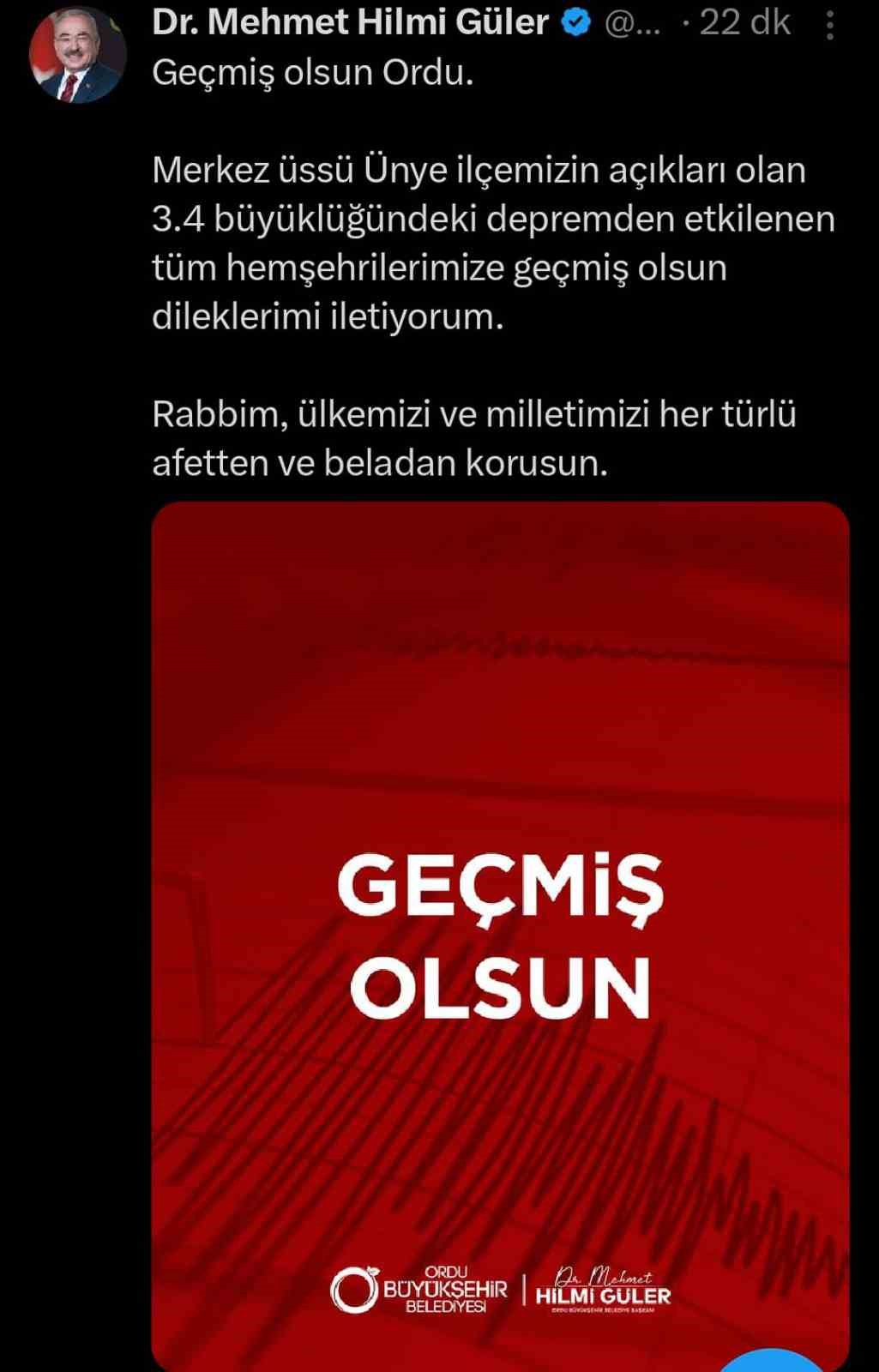 Ordu’da 3.4 büyüklüğünde deprem