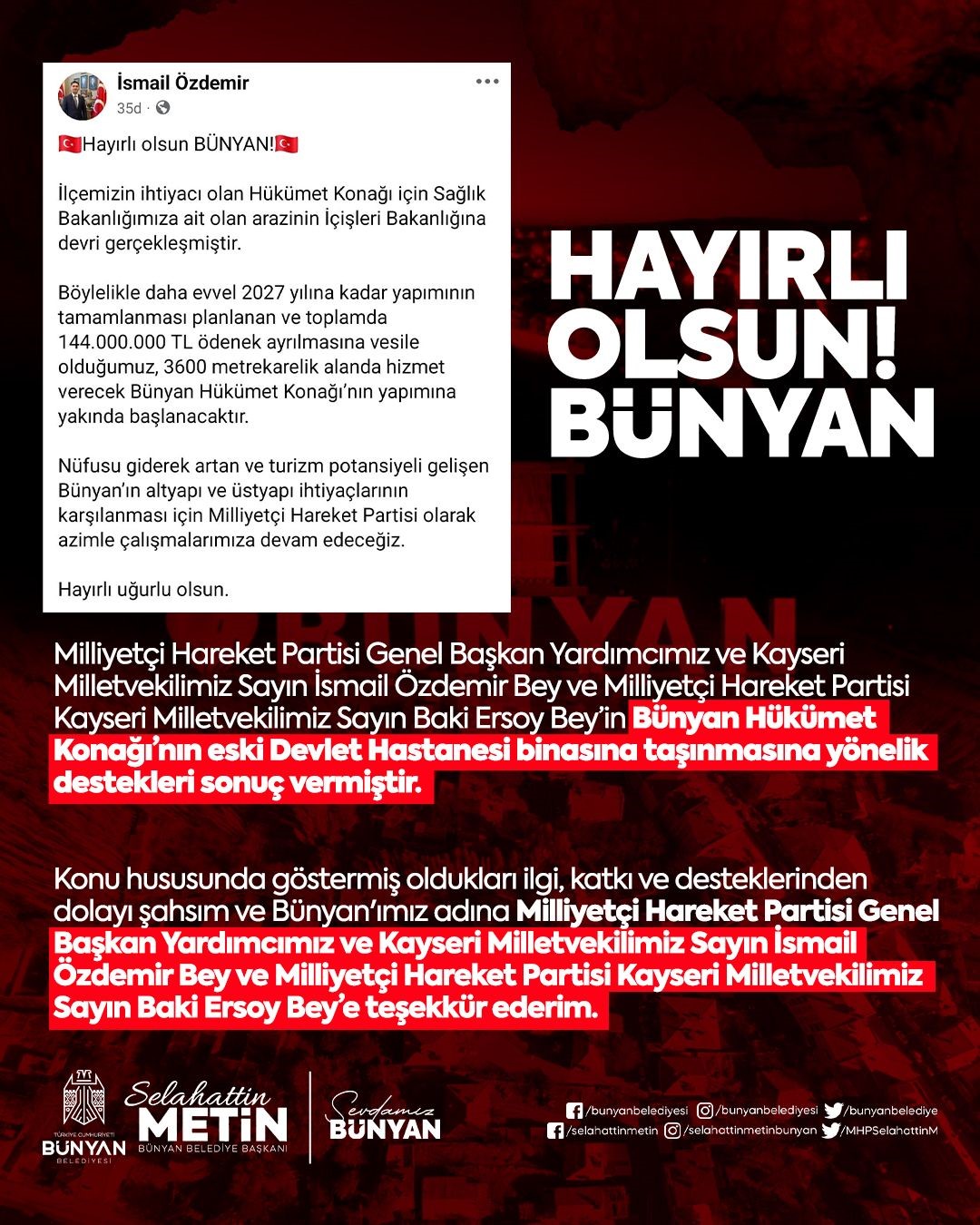 MHP’li Özdemir’den Bünyan’a hükümet konağı müjdesi