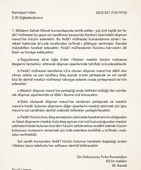 Atatürk’ün Kanlısırt bölgesinin Türk tarafından kalması için Fedai Müfrezesine verdiği el yazısı emir ortaya çıktı
