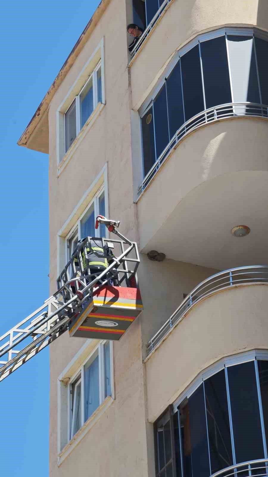 Ayağı takılarak askıda kalan kırlangıcın imdadına itfaiye yetişti
