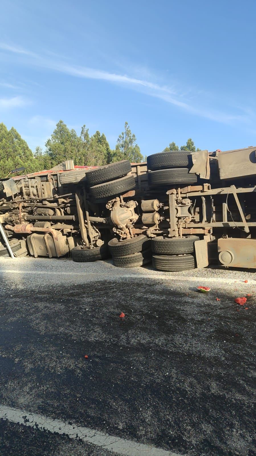 Antalya&rsquo;da karpuz y&uuml;kl&uuml; kamyon devrildi, tonlarca karpuz yol kenarına savruldu
